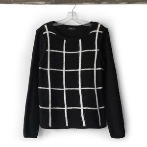 Grid square print black white knit crew sweater